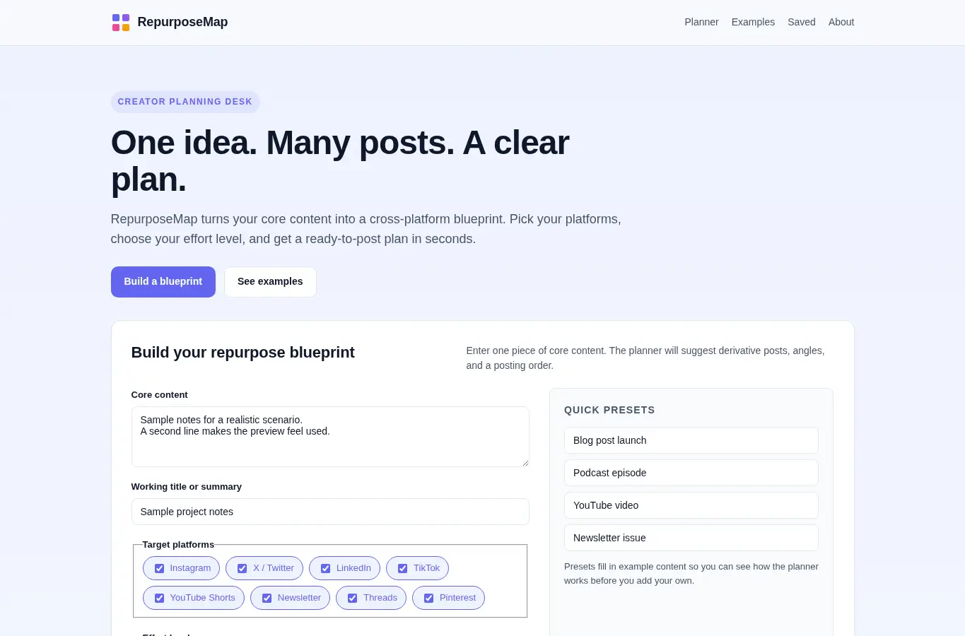 Screenshot of RepurposeMap – Creator Content Repurpose Blueprint interface showing the project page in use